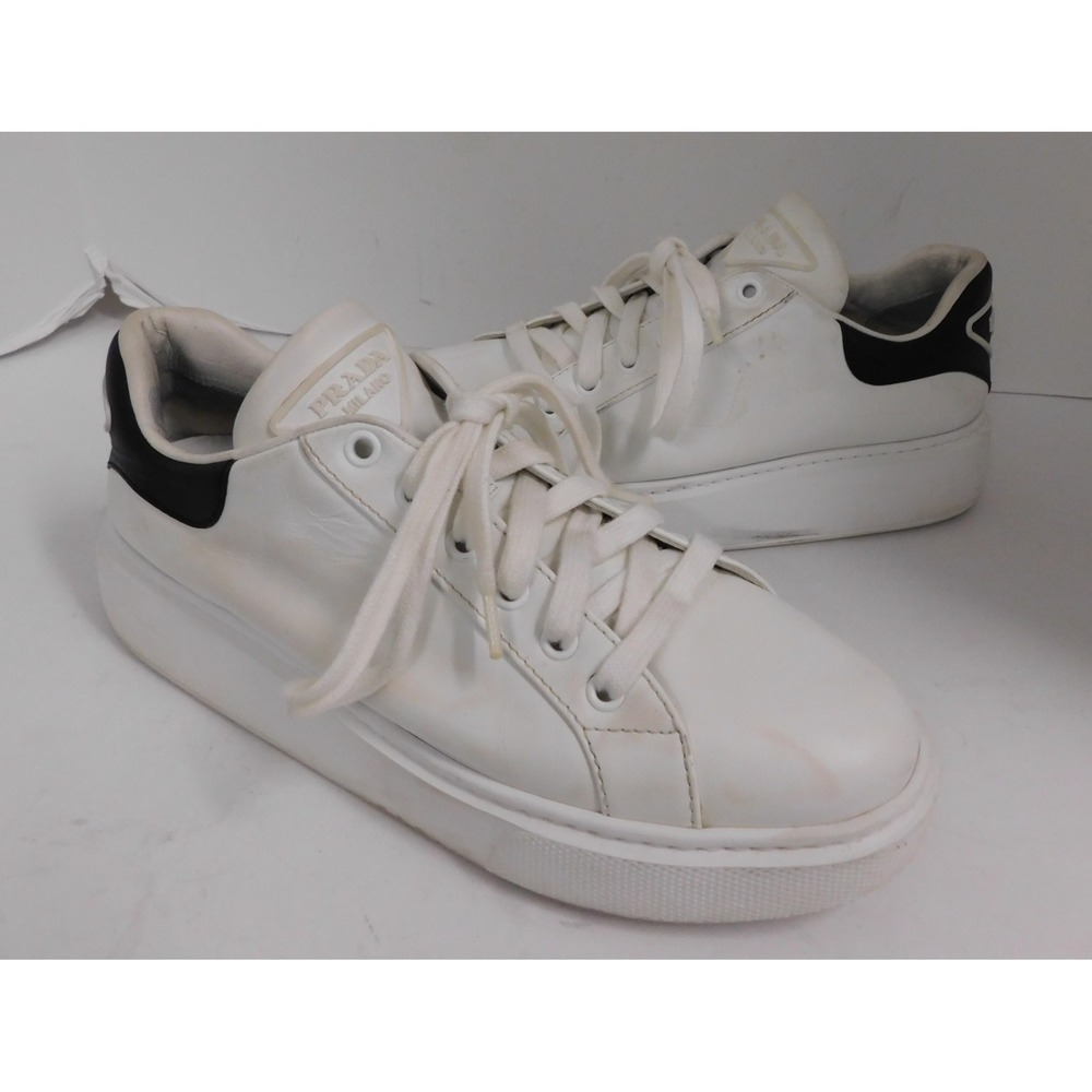 Prada White Leather Low Top Sneakers Black Heel Tab Italy 39.5 US Mens 6.5